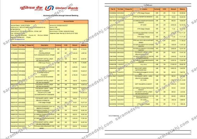 India Union Bank of India bank statement, 2 pages